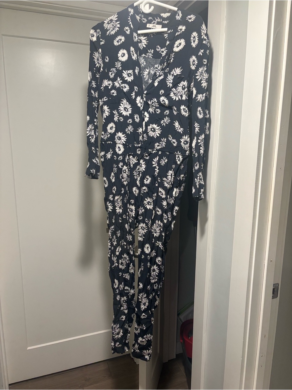 Mango Navy Blue Floral Long-Sleeve Jumpsuit